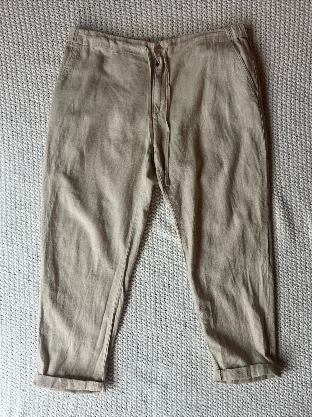 Uniqlo Linen Cotton Relaxed Tan Light Khaki Classic Beach Pants Size XL 32-34